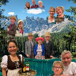 Collage af skuespillets aktører på en baggrund af Tyrolske alper.